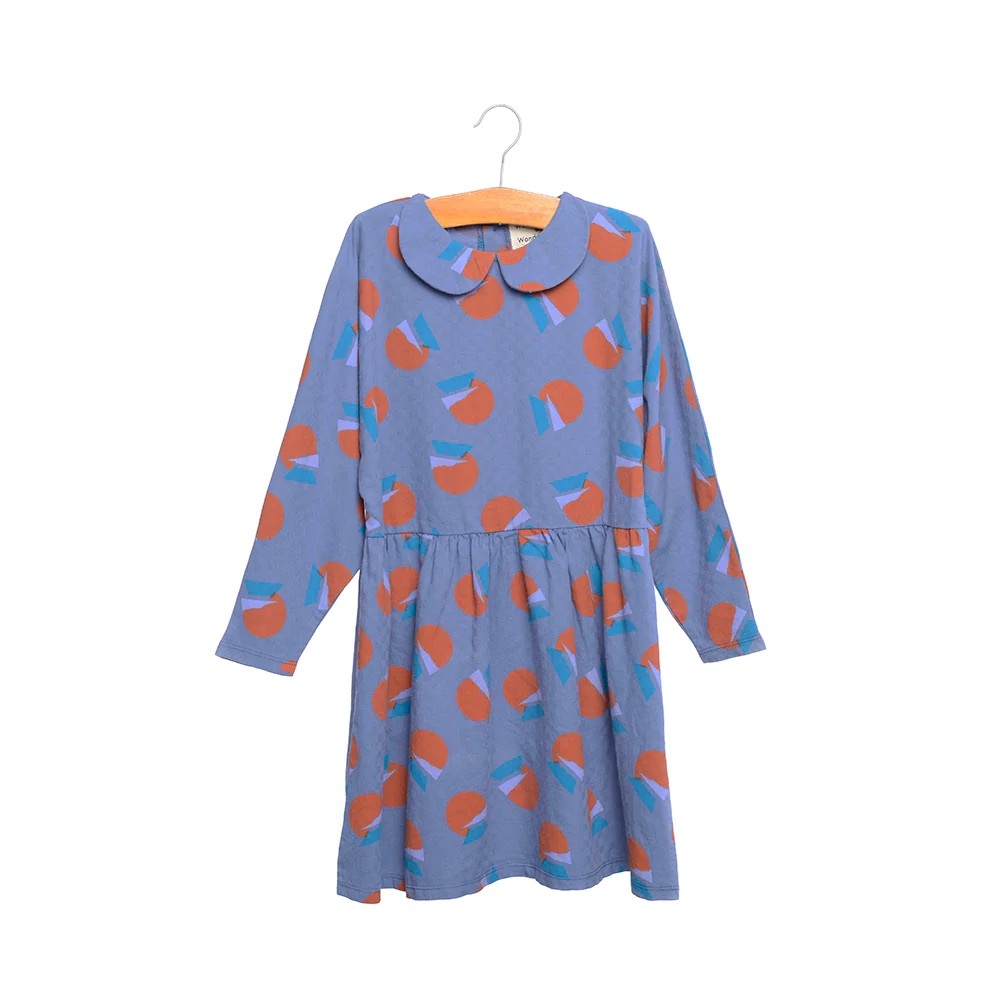 Girls' Blue Printed Long-Sleeve Dress with Peter Pan Collar
